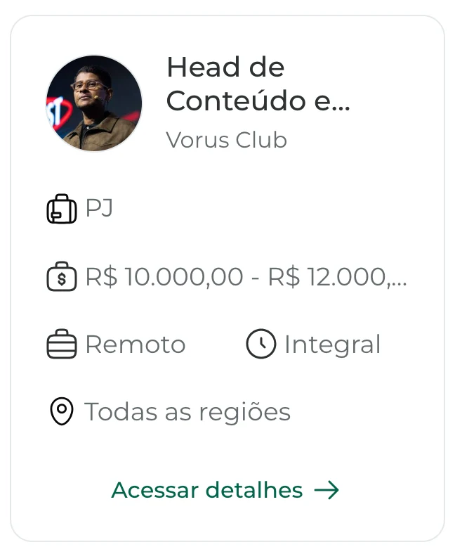 Anúncio de vaga: Head de Conteúdo na Vorus Club, regime PJ, de R$ 10.000 a R$ 12.000, remoto e integral